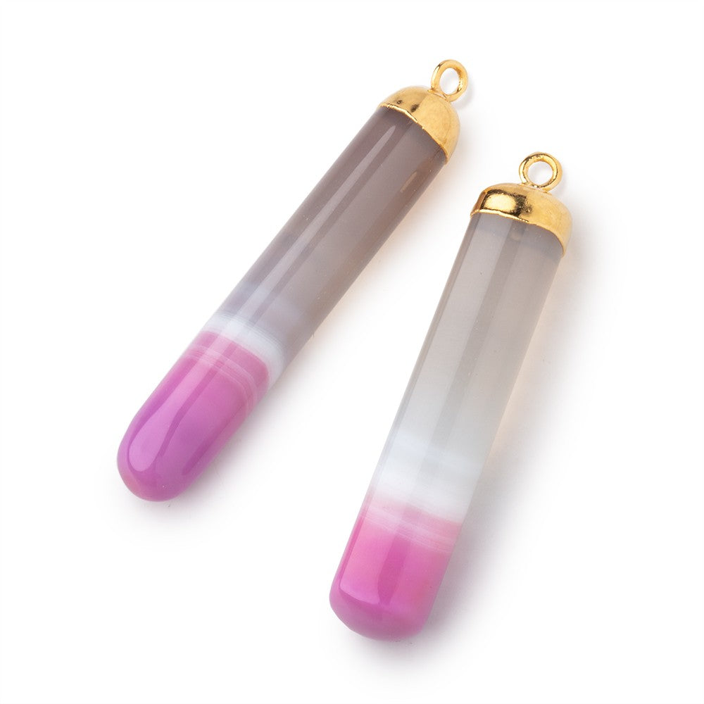  Gold Leafed Pink Banded Agate Tube Pendant Set of 2 pieces 