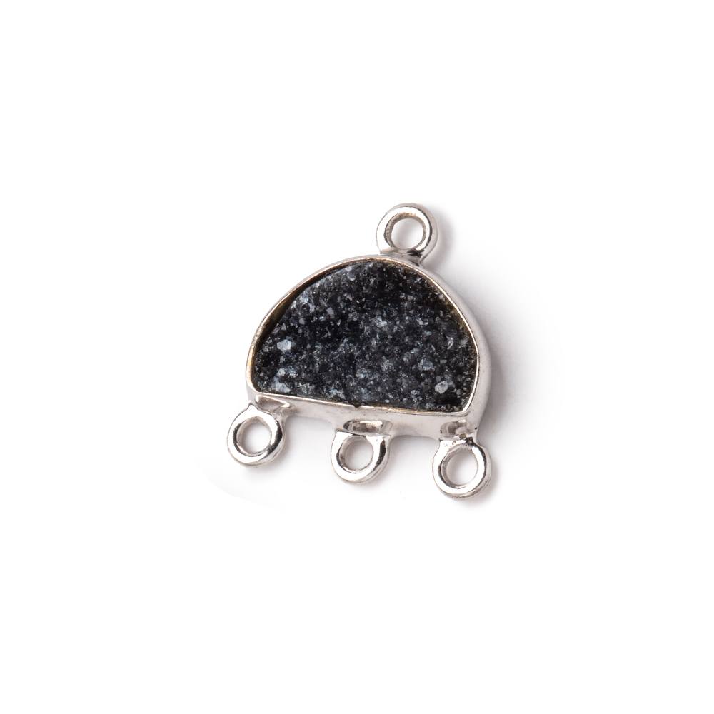  11x7mm .925 Silver Bezel Black Drusy Half Moon 3 ring Connector 1 piece 
