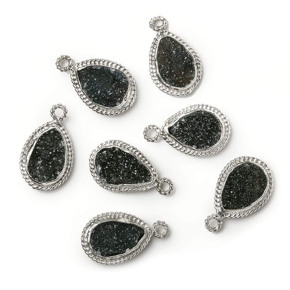  11x8mm Silver Rope Bezel Black Drusy Pear Pendant 1 piece 