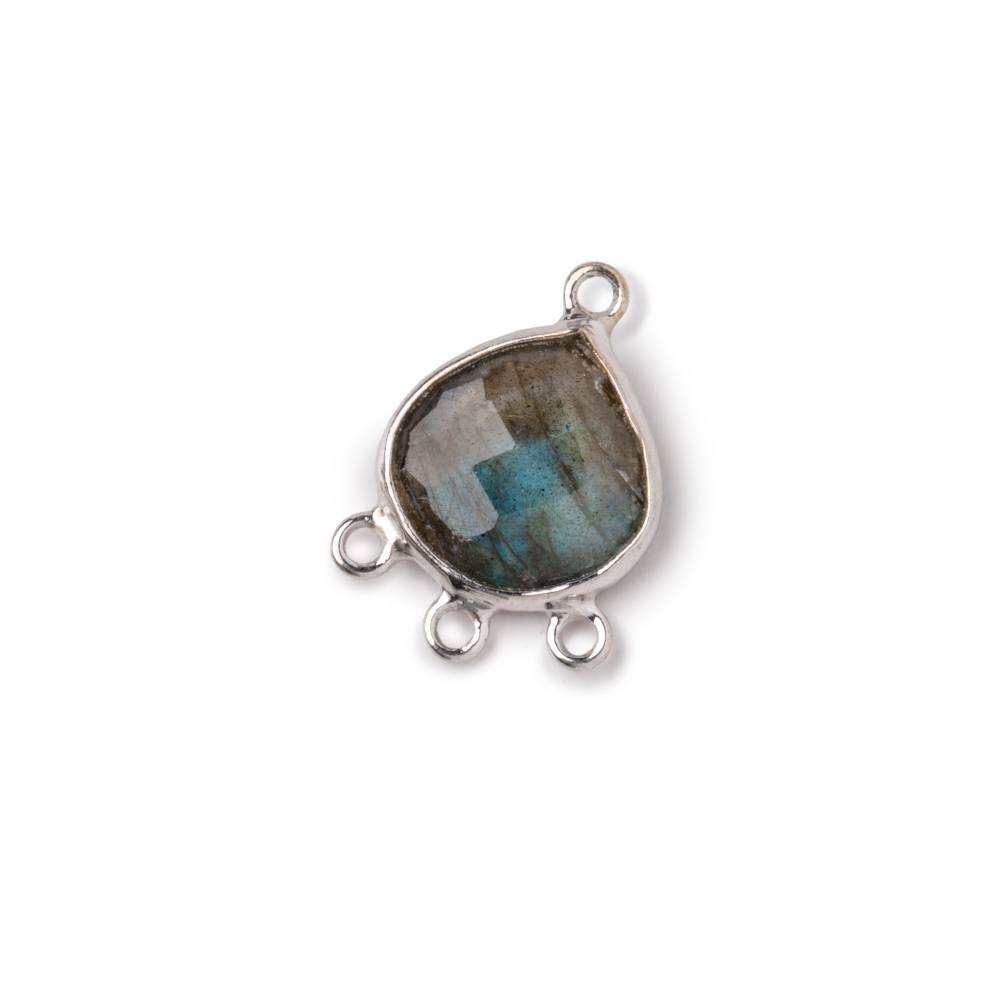  12mm .925 Silver Bezel Labradorite faceted heart 3 ring Connector 1 focal bead 
