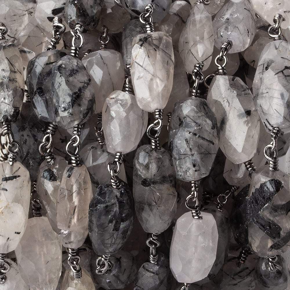  12x8-17x10mm Black Tourmalinated Quartz faceted nugget Black Gold plated Chain by the foot 14 bead per 