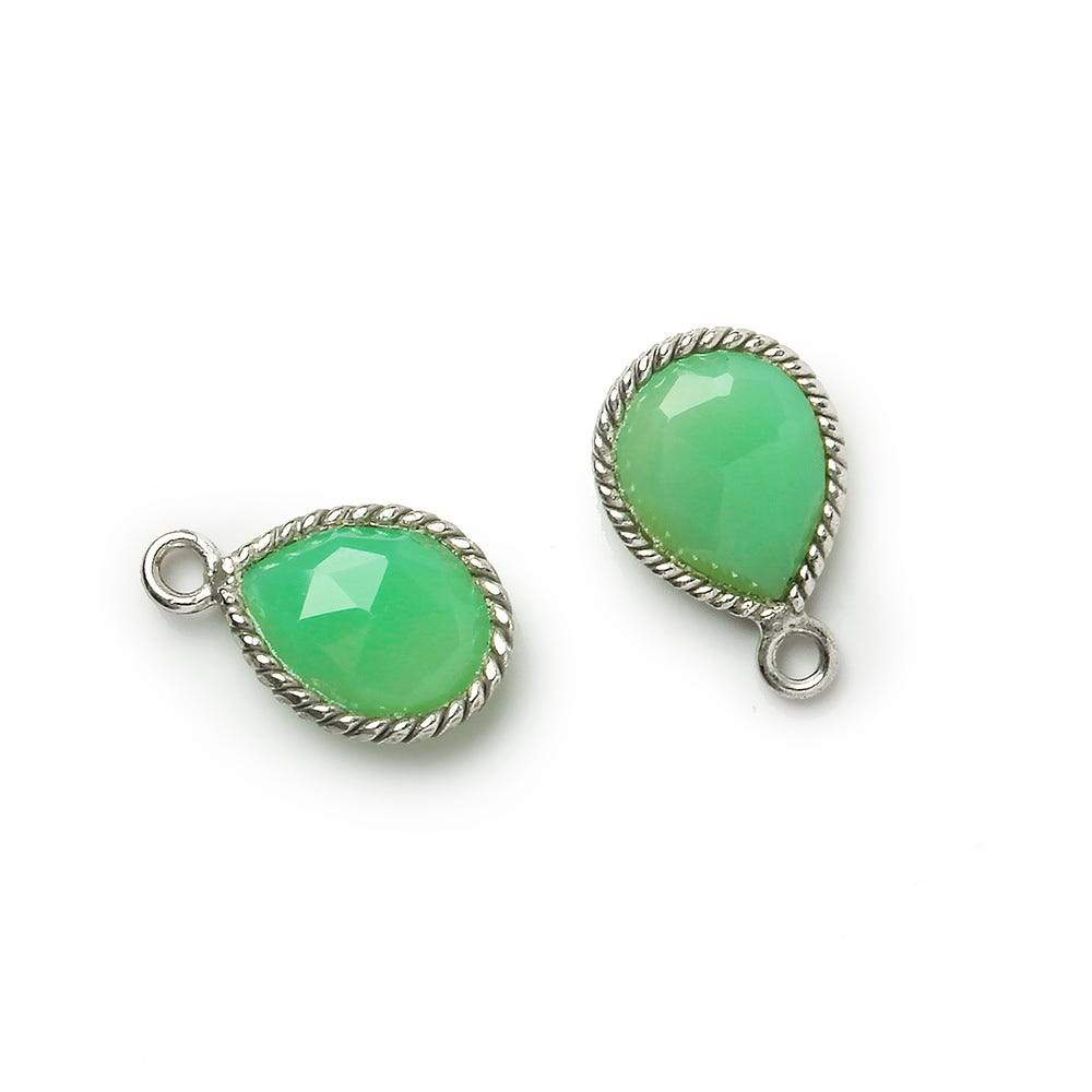  12x8mm Silver Bezel Rope Lime Green Chalcedony Pear Pendant 1 piece 