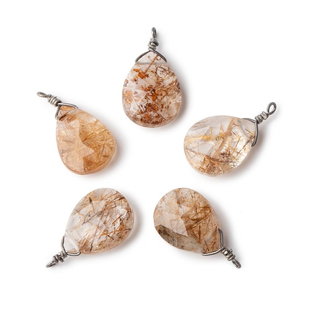  12x9mm Black Gold Wire Wrapped Rutilated Quartz Faceted Pear 1 Focal Pendant 