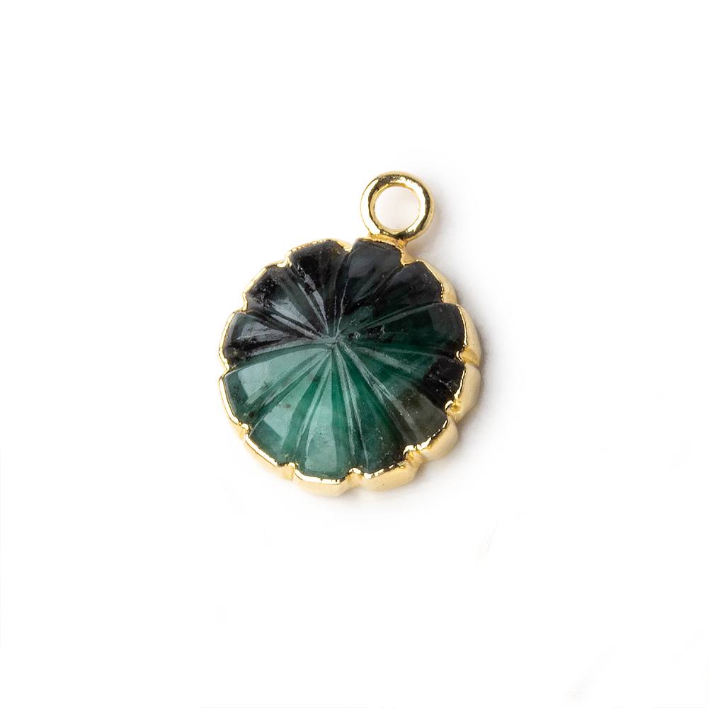  13mm 22kt Gold Leafed Brazilian Emerald carved floral coin Pendant 1 focal bead 
