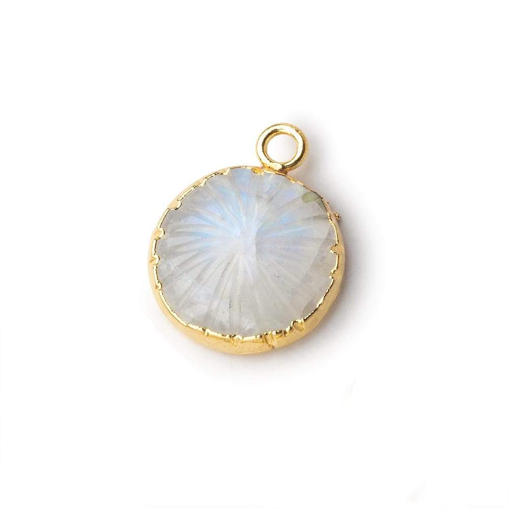  13mm 22kt Gold Leafed Rainbow Moonstone carved floral coin Pendant 1 focal bead 