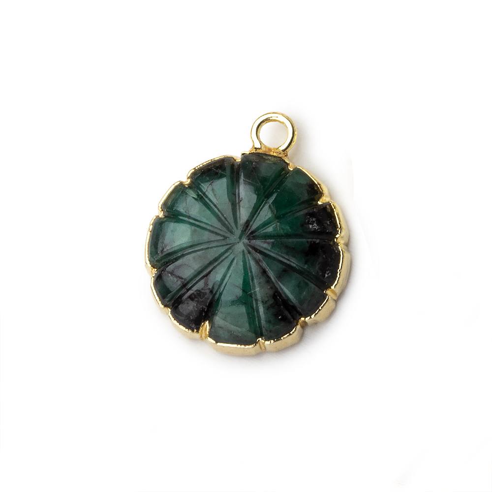  14mm 22kt Gold Leafed Brazilian Emerald carved floral coin Pendant 1 focal bead 