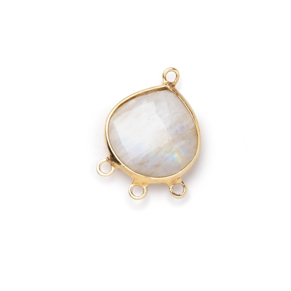  14mm Vermeil Bezel Rainbow Moonstone faceted heart 3 ring Connector 1 piece 