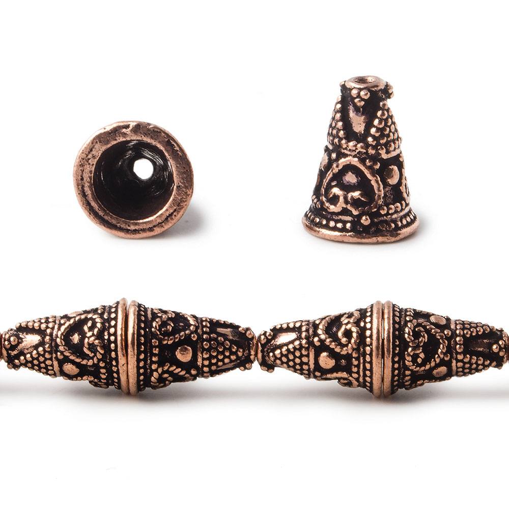  14x12mm Antiqued Copper Cone Granulated Bali Heart Design 8 in 14 pcs 