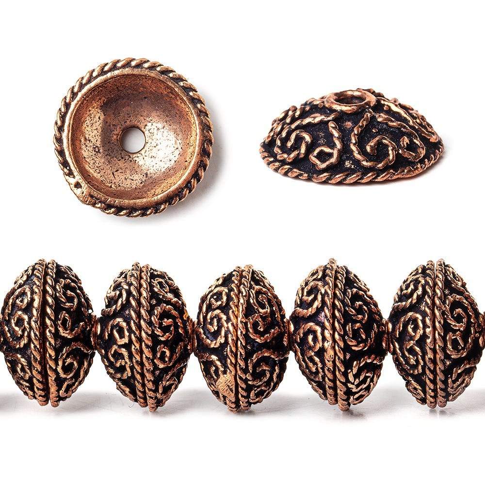  14x5mm Antiqued Copper Bead Cap with Heart Shape Miligrain Scroll 8 inch 40 pcs 