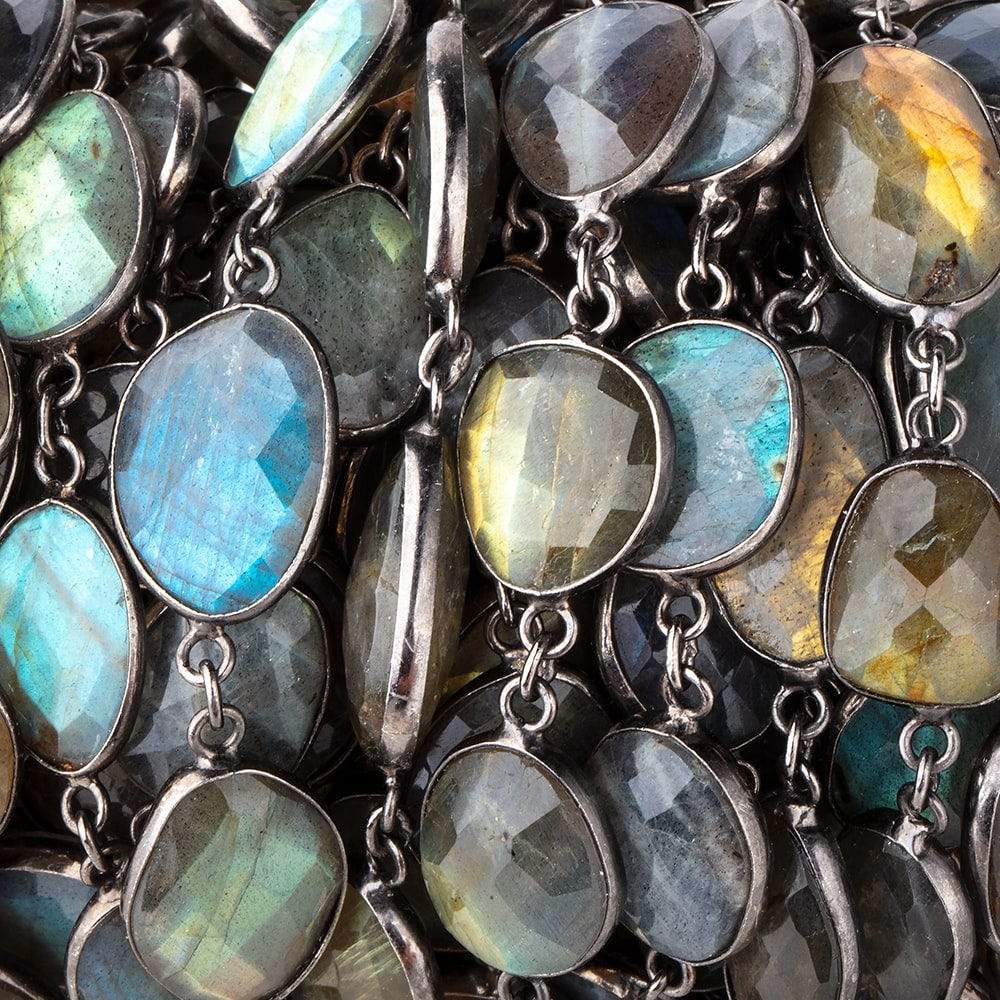  12x11-16x12mm Labradorite Nuggets Black Gold .925 Bezeled Chain by the Foot 