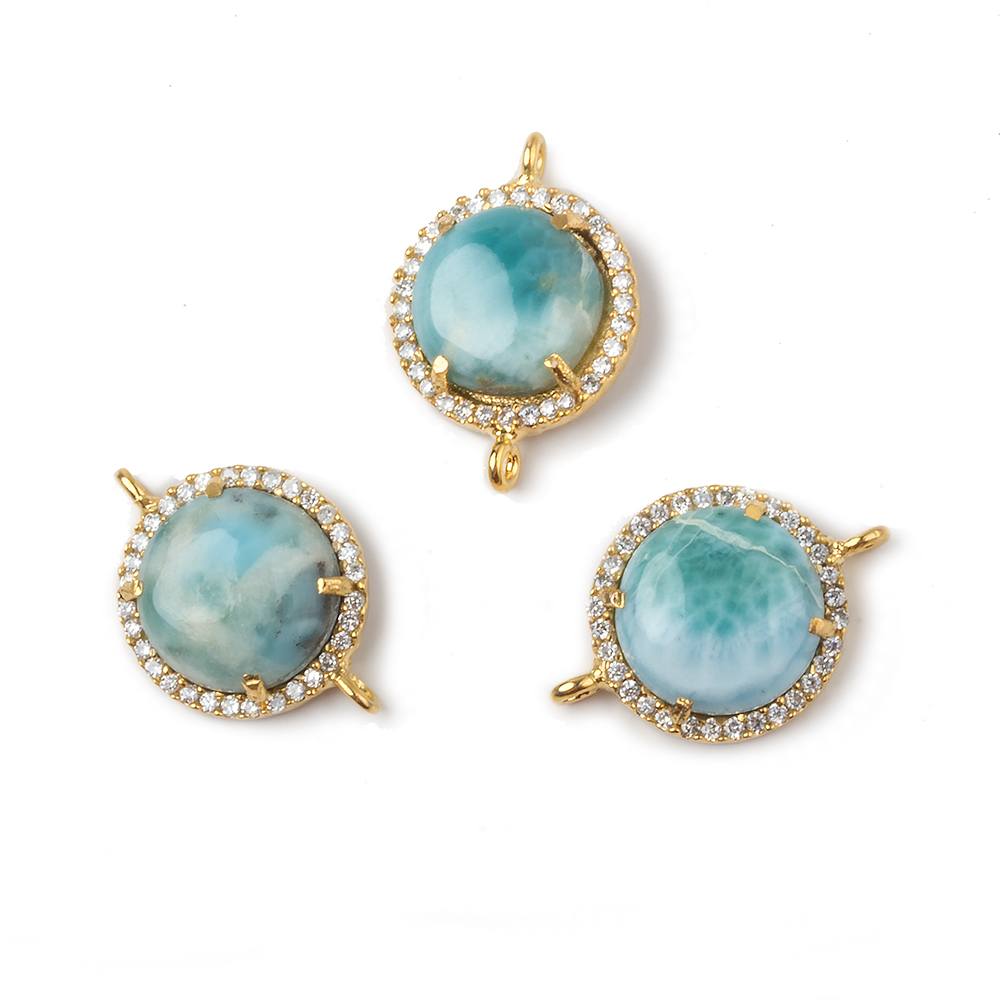  15mm Gold Bezel White CZ and Larimar Coin Connector 1 focal piece 