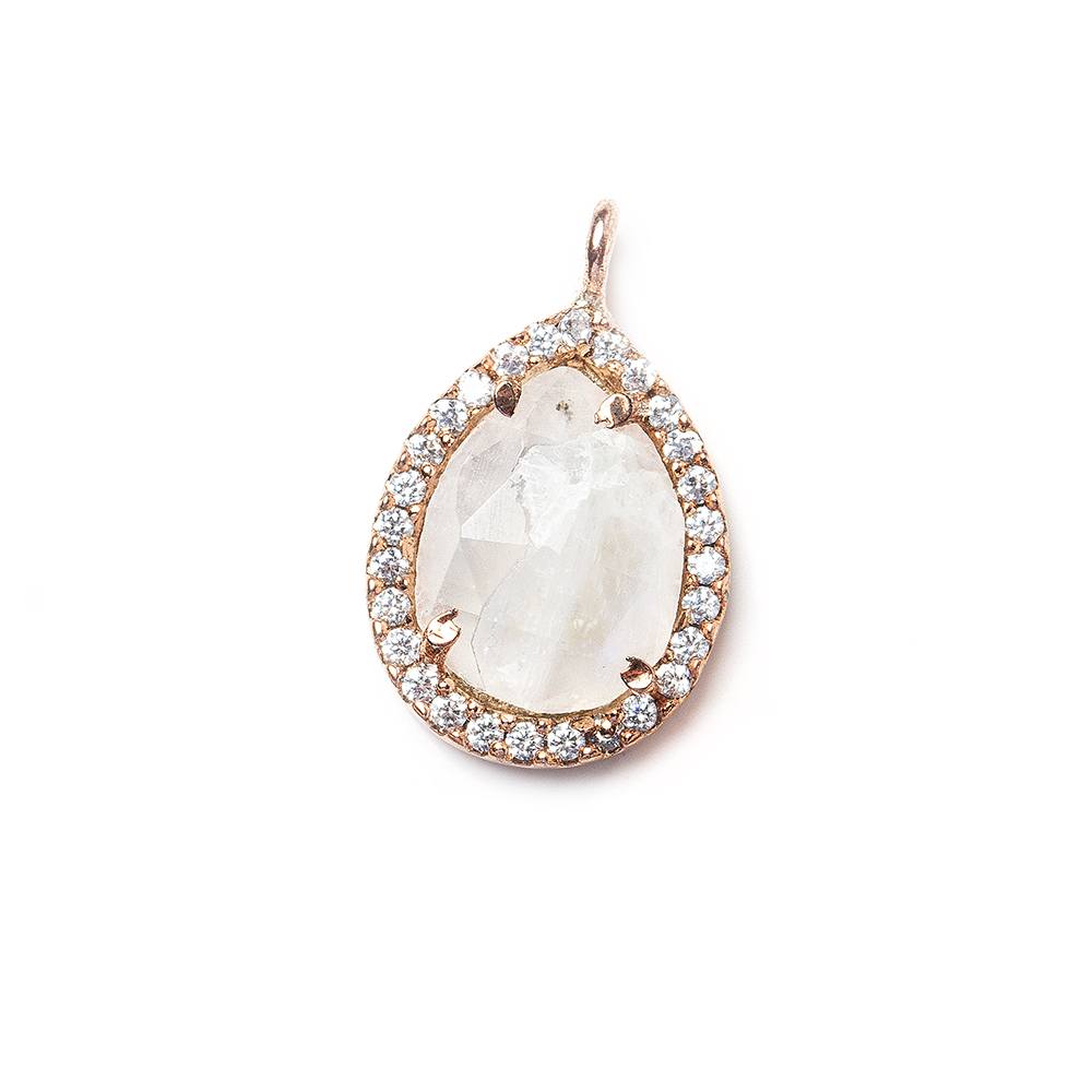  15x11mm Rose Gold Bezeled White CZ and Rainbow Moonstone Pear Pendant 1 piece 