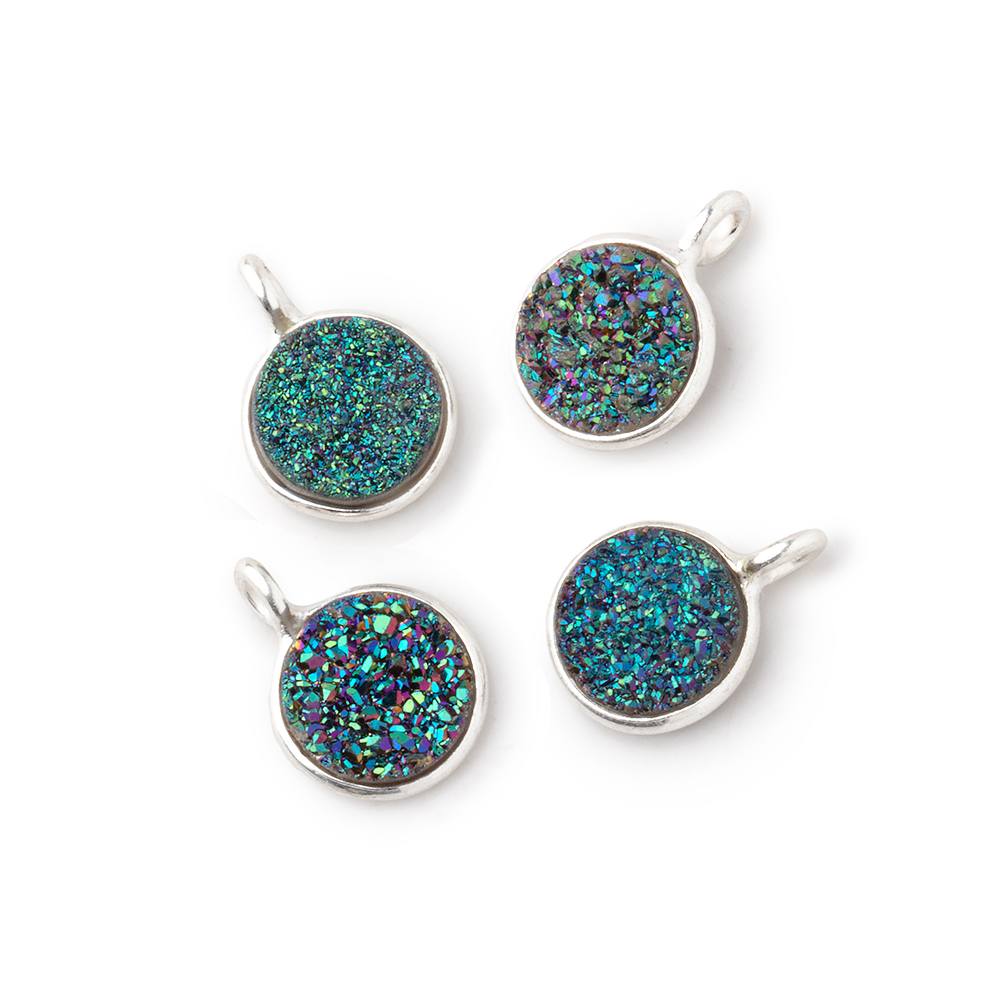  8mm Silver .925 Bezel Mermaid Green Drusy Coin Pendant Set of 4 Pieces 