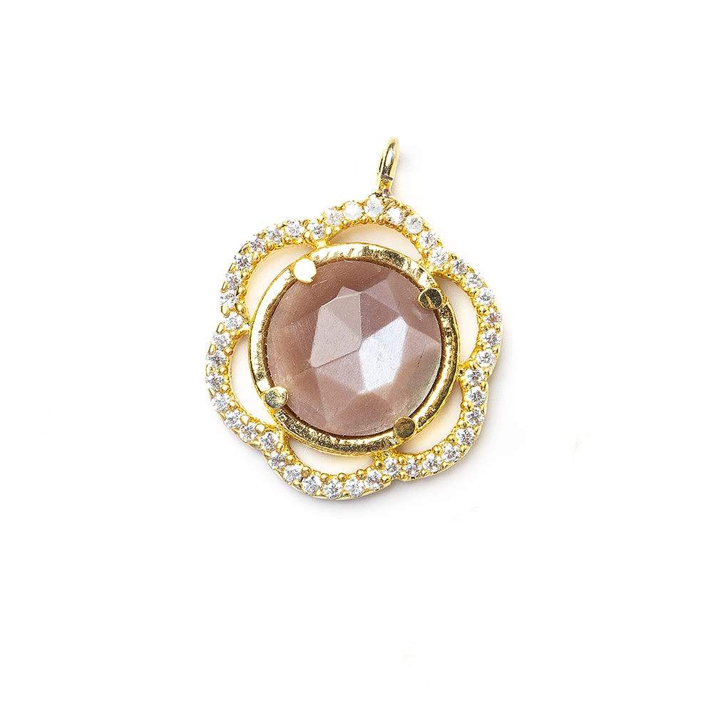  17mm Vermeil Bezel CZ & Chocolate Moonstone Floral Coin Pendant 1 focal beads 