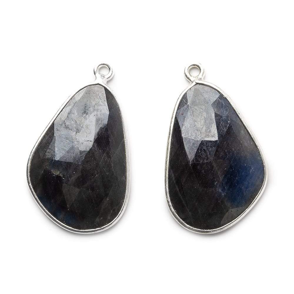  23x16mm Silver .925 Bezel Blue Sapphire faceted free shape Pendant Set of 2 pieces 