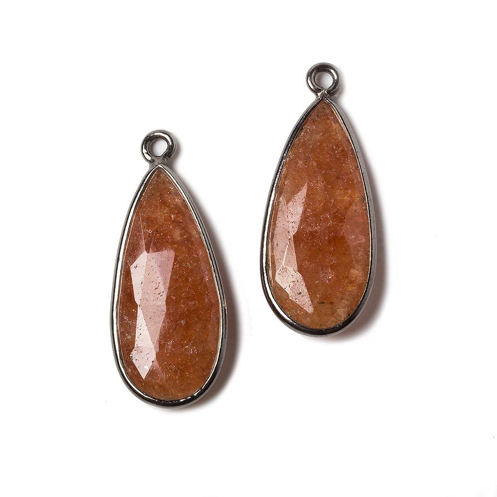  24x11mm Oxidized Silver Bezeled Peach Orange Aventurine Pear Pendant Set of 2 