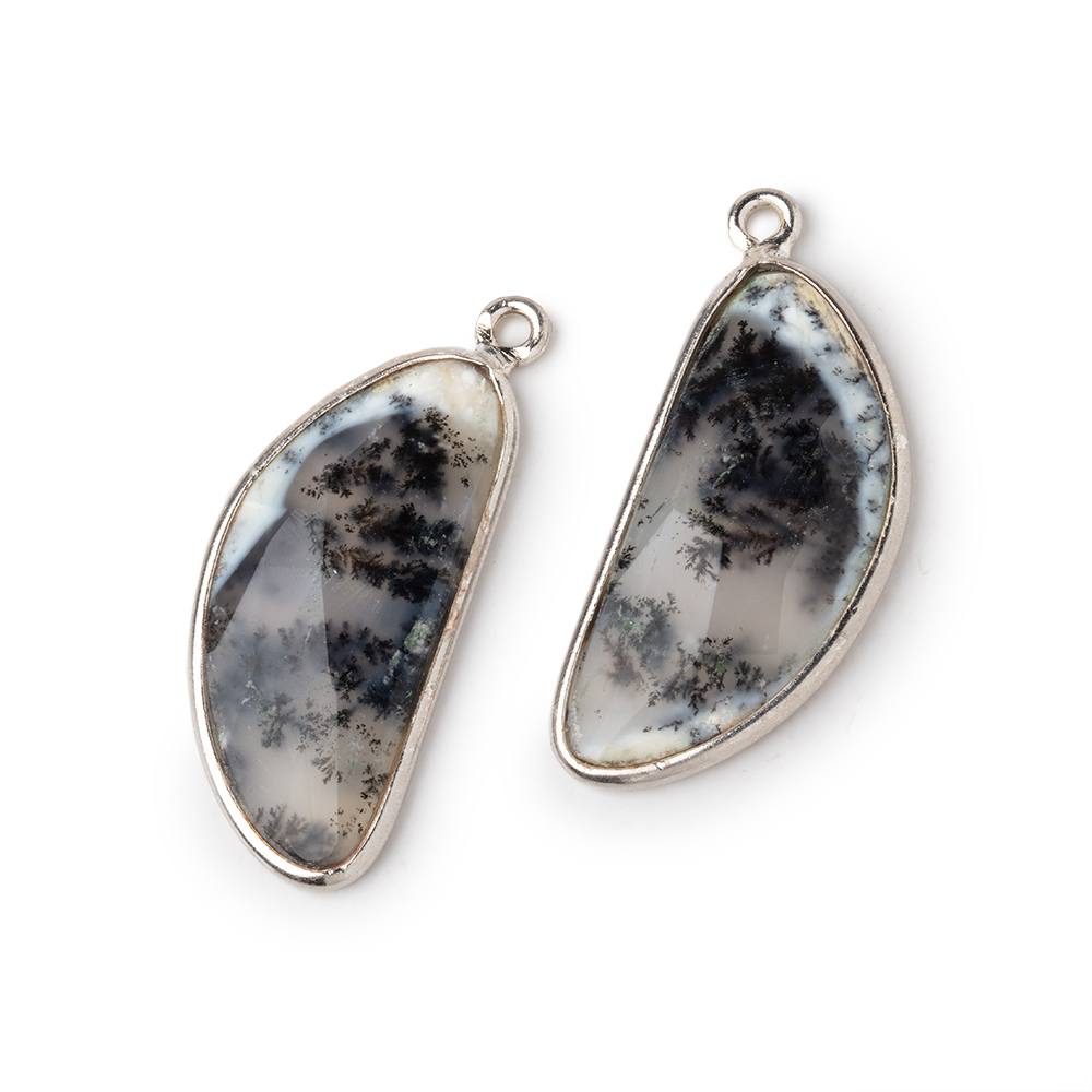  27x13mm .925 Silver Bezel Dendritic Opal Freeform Shape Set of 2 Pendants 