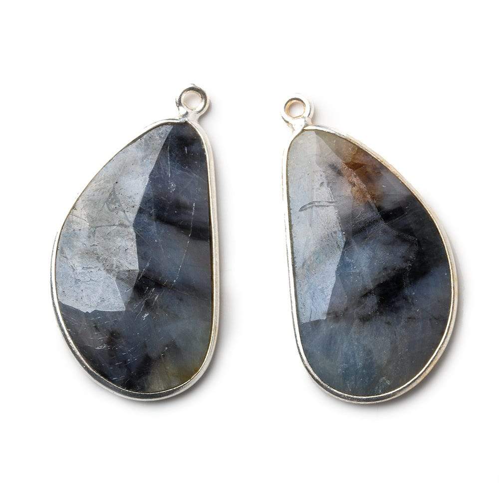  27x16mm Silver .925 Bezel Blue Sapphire faceted free shape Pendant Set of 2 pieces 
