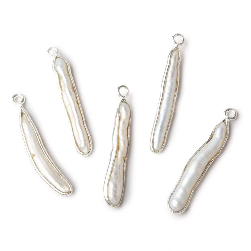  27x4mm Silver Bezeled Off White Biwa Pearl Pendant 1 piece 