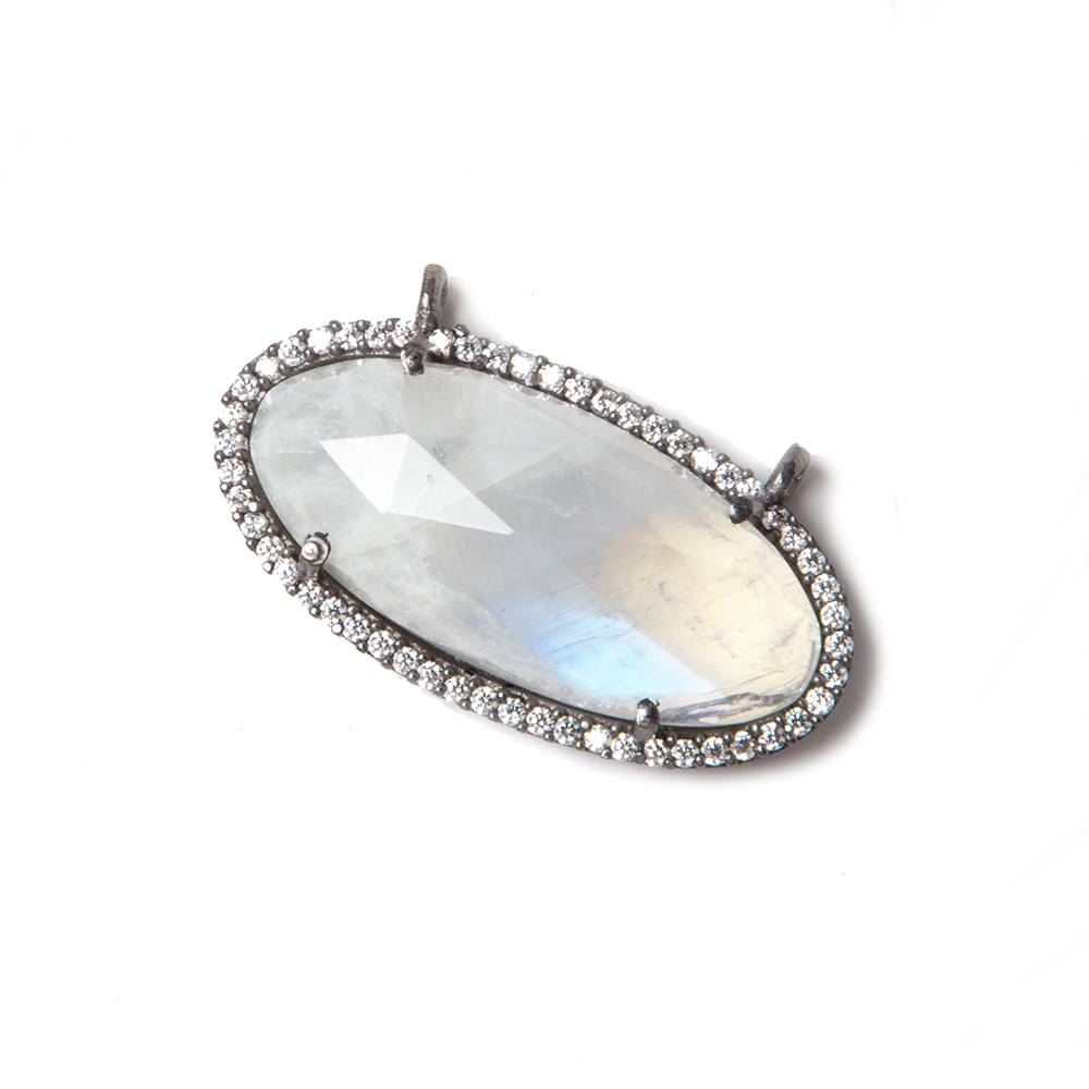  28x14mm Black Gold Bezeled CZ & Rainbow Moonstone Oval East West Connector 1 pc 