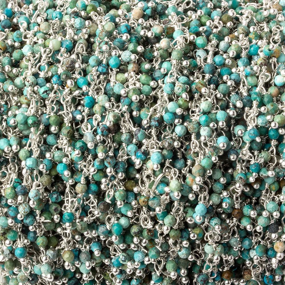  2mm Chinese Turquoise micro faceted round Silver Dangling Chain by the foot 