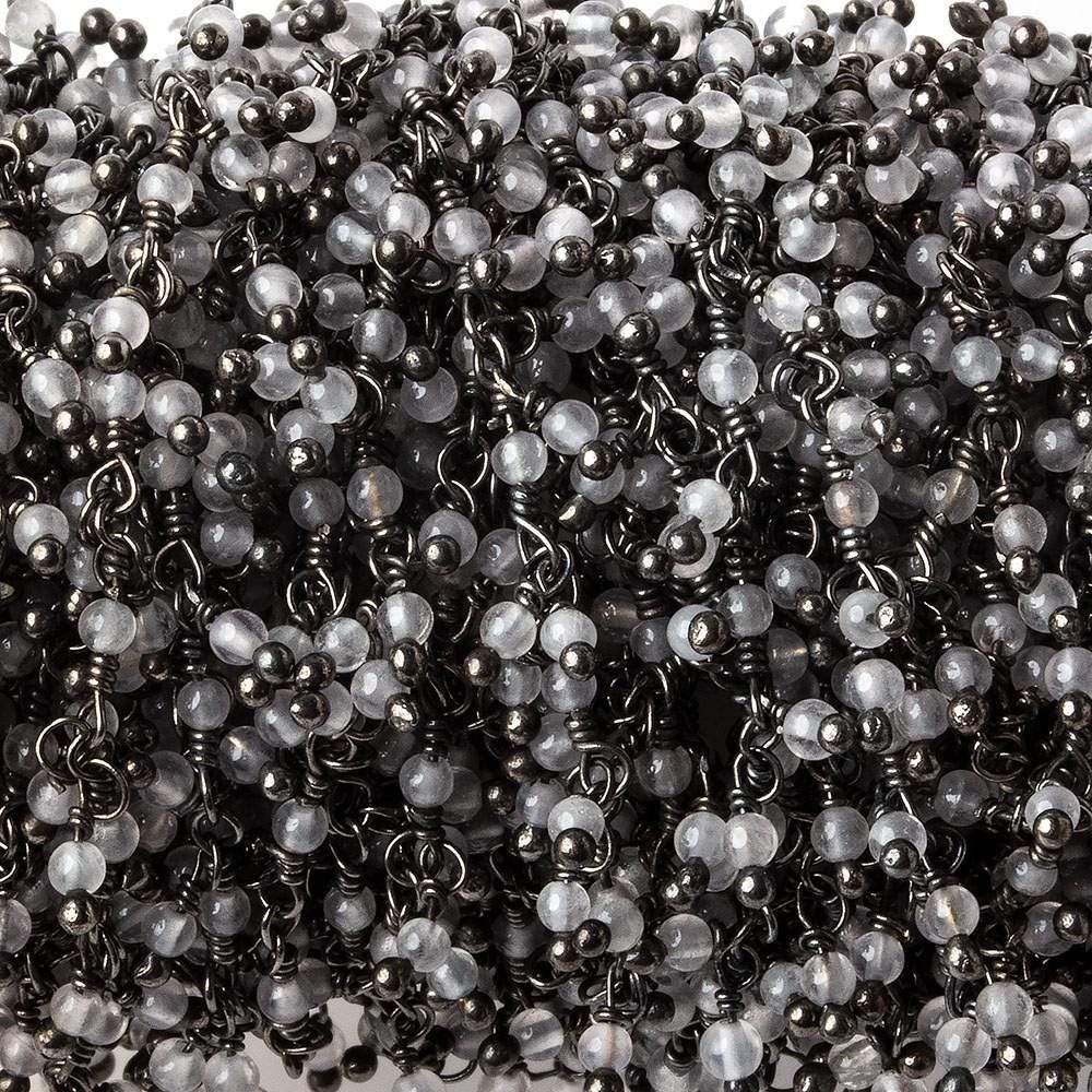  2mm Grey Chalcedony micro round Black Gold plated Dangling Chain by the foot 