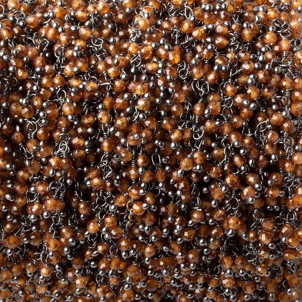  2mm Hessonite Garnet microfaceted round Black Gold Dangling Chain by the foot 