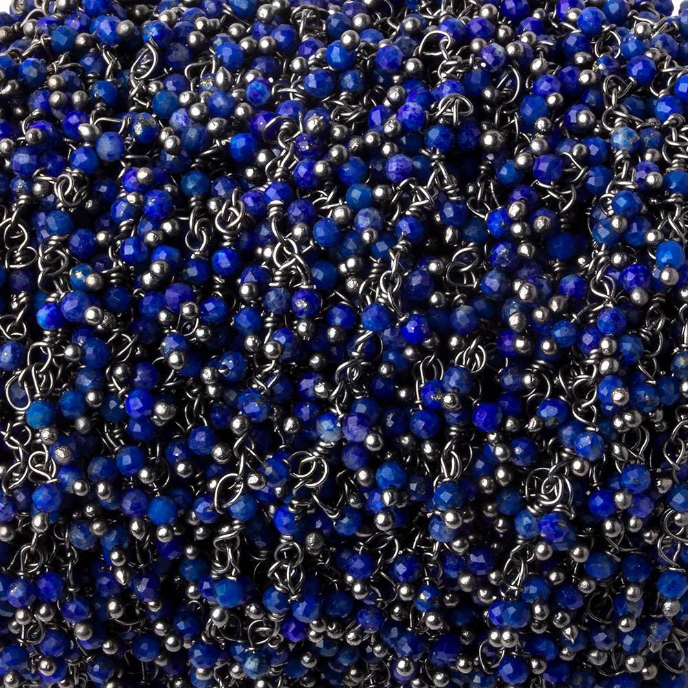  2mm Lapis Lazuli micro faceted round Black Gold plated Dangling Chain by the foot 