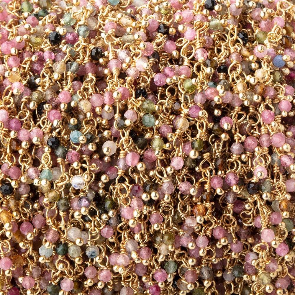  2mm Multi Color Tourmaline Micro Faceted Round Gold plated Dangling Chain by the foot 