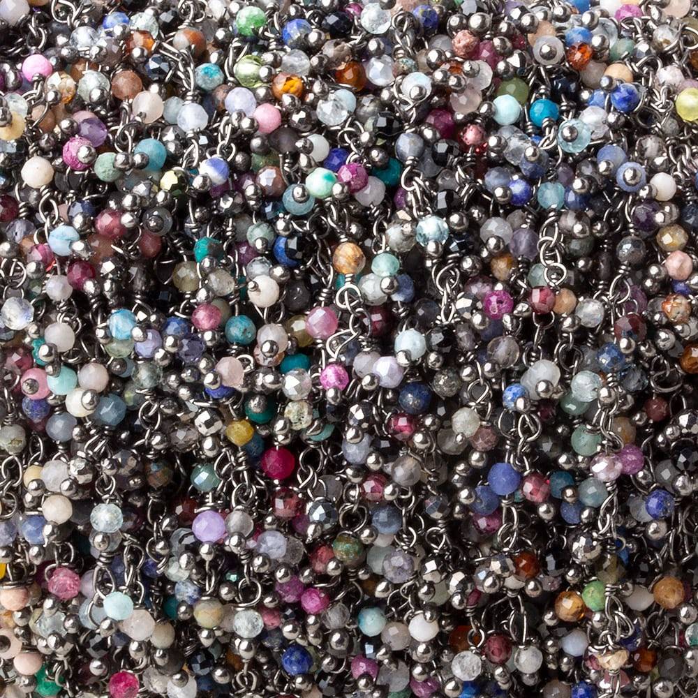  2mm MultiColor Gemstone micro faceted round Black Gold Dangling Chain by the foot 