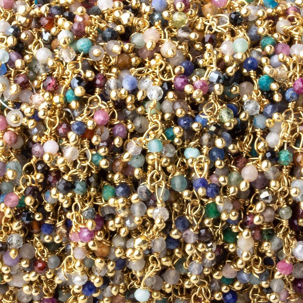  2mm MultiColor Gemstone micro faceted round Gold Dangling Chain by the foot 