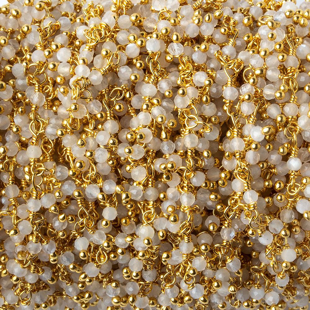  2mm White Moonstone micro faceted round Gold Dangling Chain by the foot 