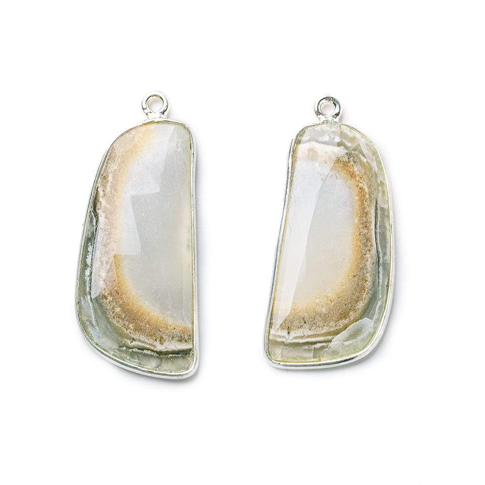  31x15mm Sterling Silver .925 Bezeled Banded White Agate Set of 2 pendants 