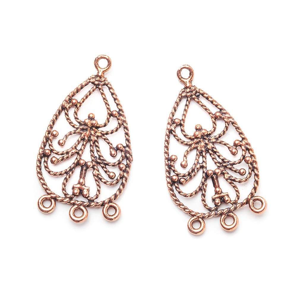  33x18mm Antiqued Copper Twisted Scroll Pear 3 ring Drop Charm Set of 2 