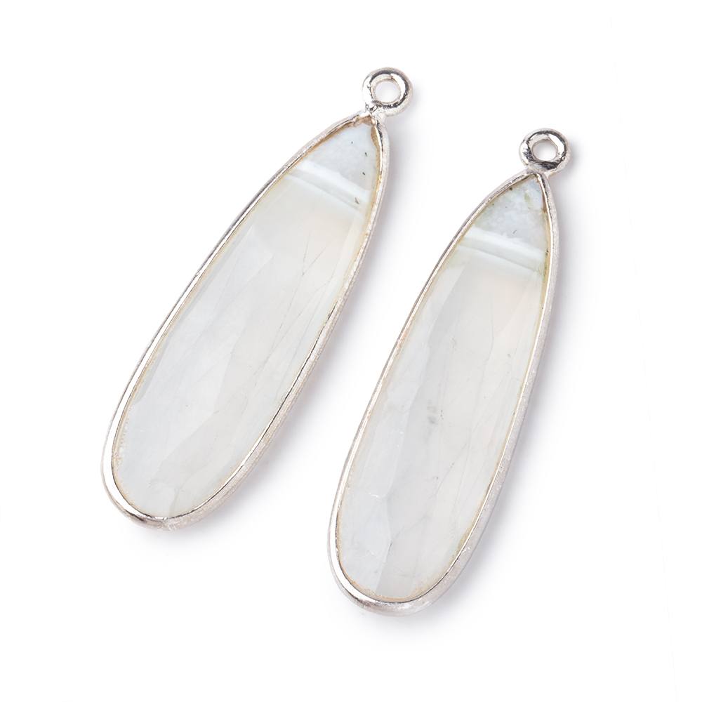  35x14mm .925 Silver Bezel Banded White Agate Faceted Pear Set of 2 Pendants 