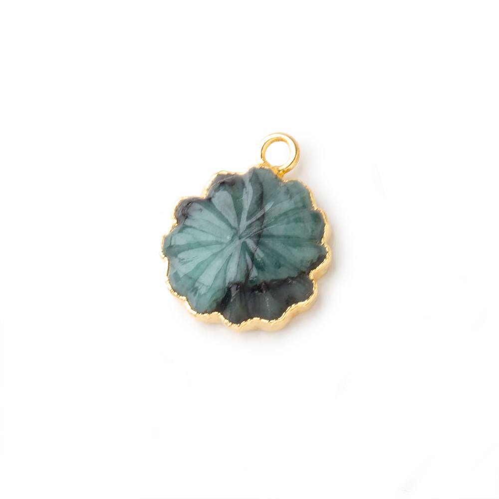  11mm 22kt Gold Leafed Brazilian Emerald carved floral coin Pendant 1 focal bead 