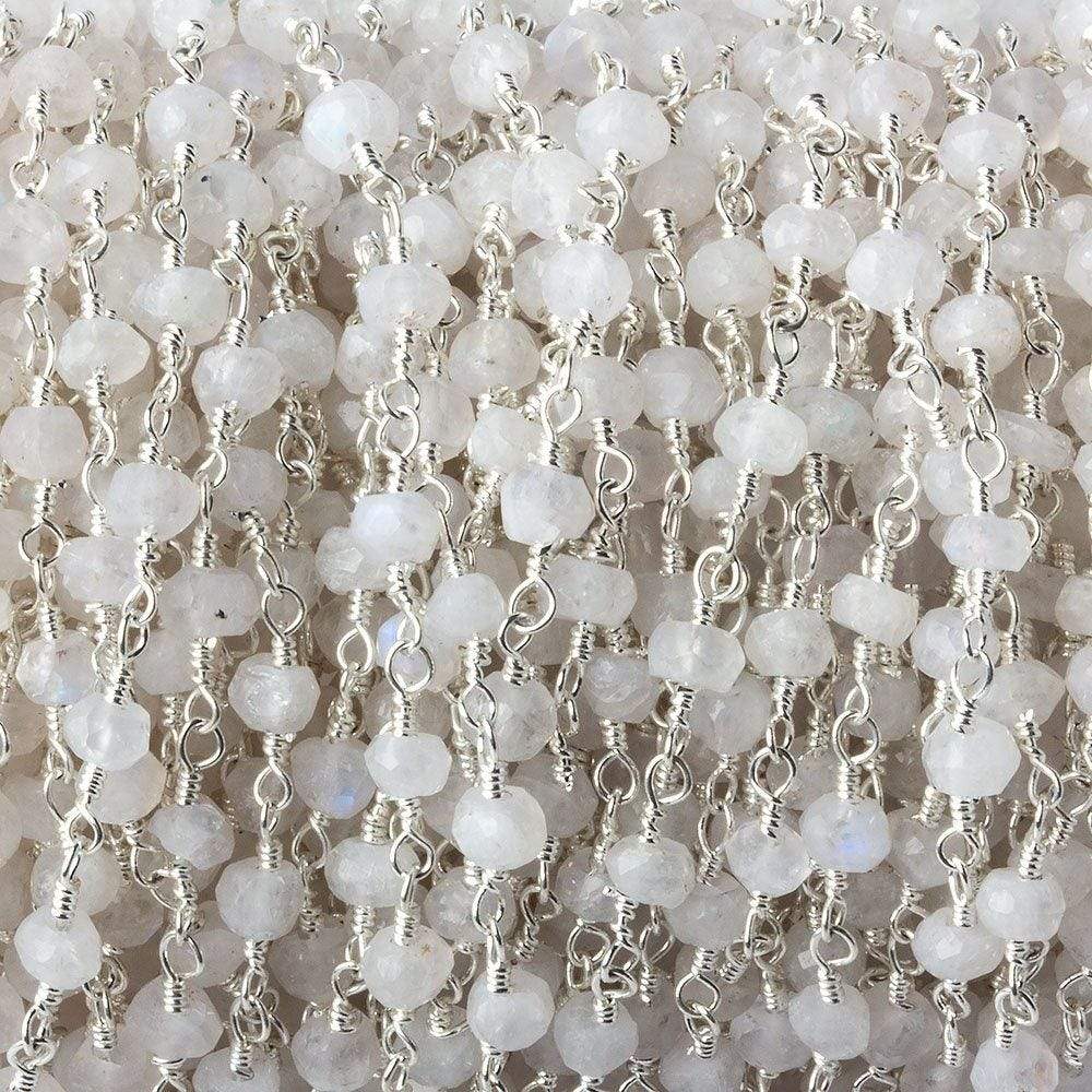  3.5mm Rainbow Moonstone faceted rondelle Silver Plated Chain by the foot 35 pieces 