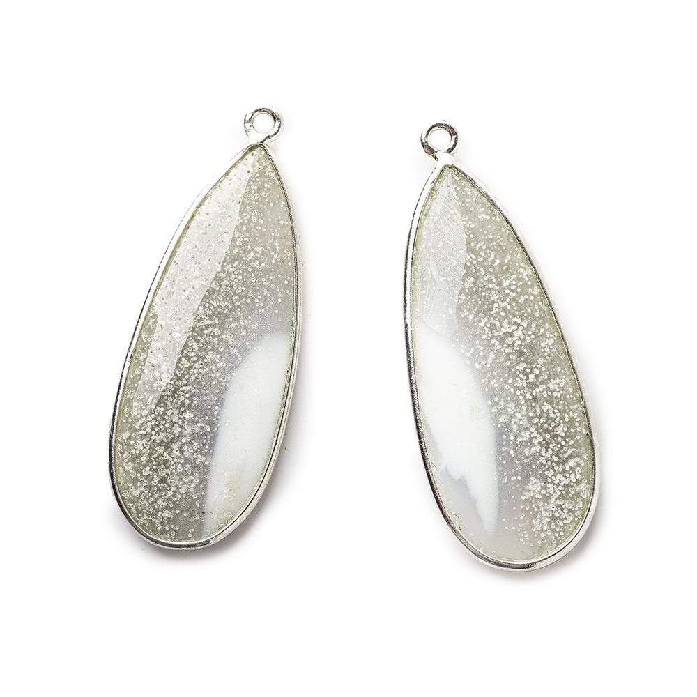  36x15mm Sterling Silver .925 Bezeled Beige White Agate Pear Set of 2 pendants 