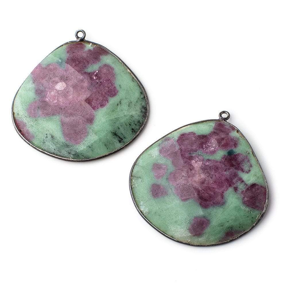  39x41mm Black Gold Bezeled Ruby in Zoisite Freeform Set of 2 Pendants 