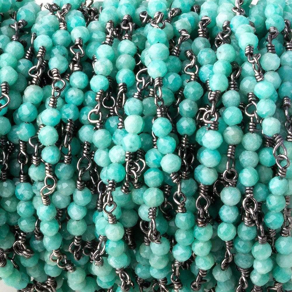  3mm Amazonite micro faceted round Trio Black Gold Chain by the foot 73 beads per 