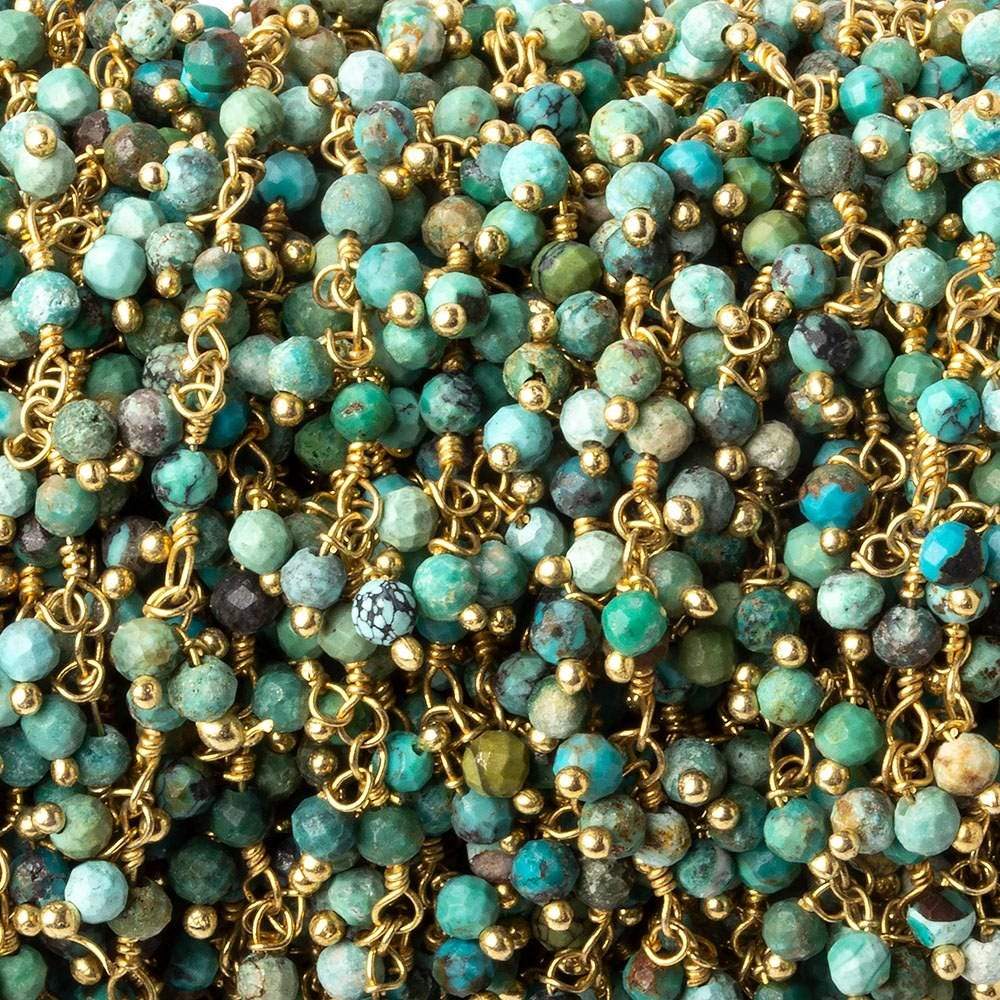  3mm Chinese Turquoise micro faceted round Gold Dangling Chain by the foot 