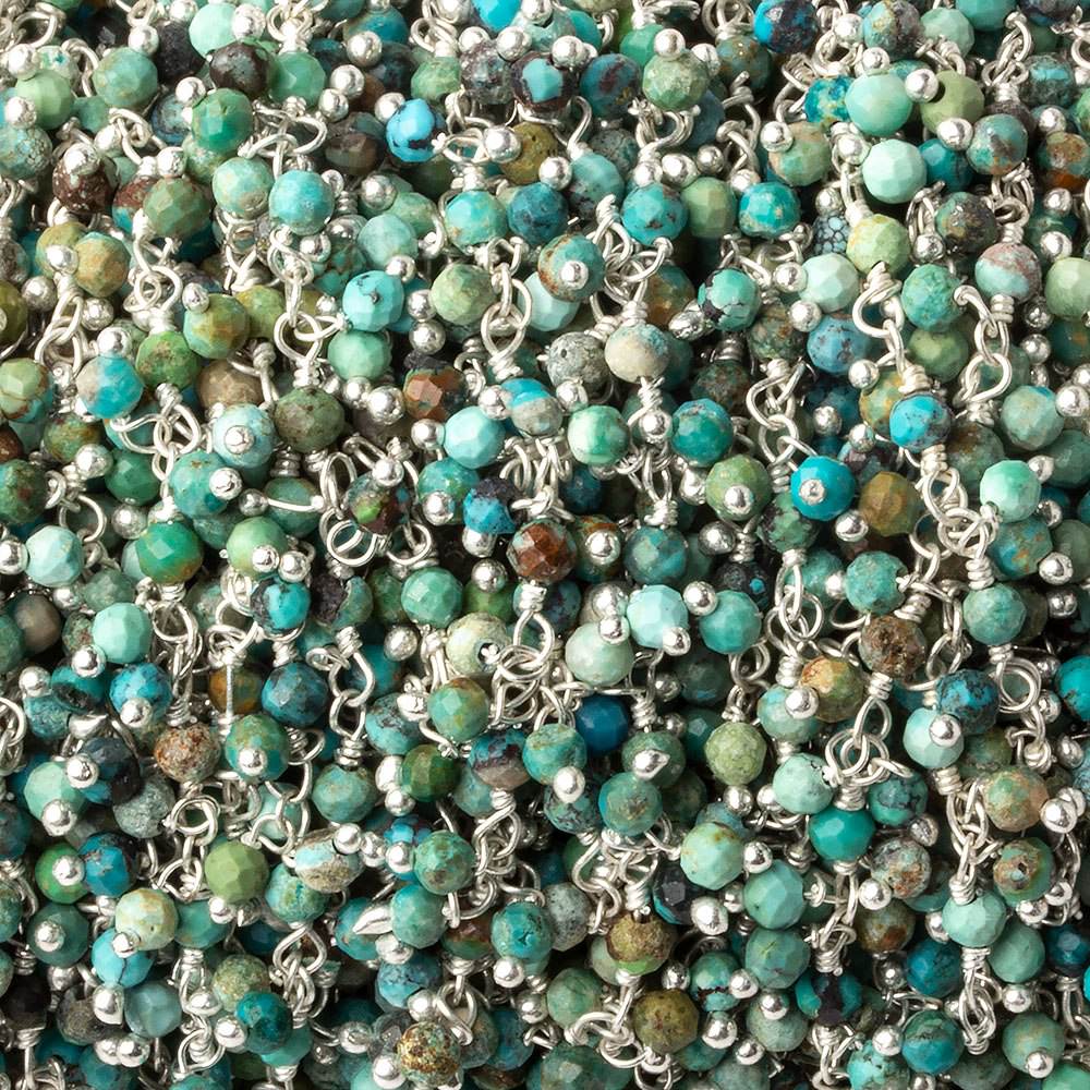  3mm Chinese Turquoise micro faceted round Silver Dangling Chain by the foot 