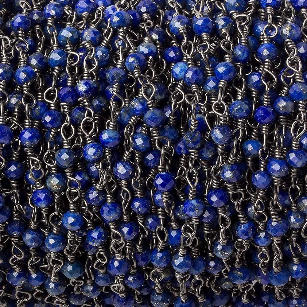  3mm Lapis Lazuli micro-faceted rondelle Black Gold plated Chain, 40 beads/ft 