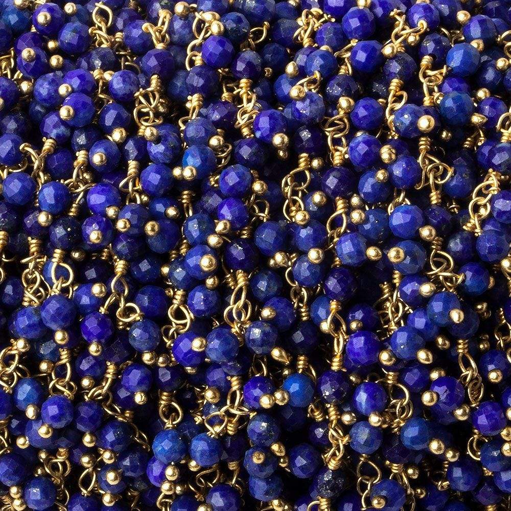  3mm Lapis Lazuli micro-faceted round Gold Dangling Chain by the foot 