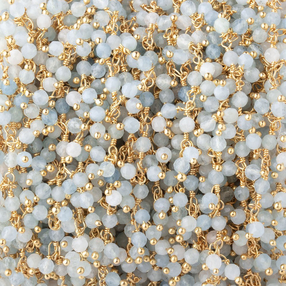  3mm Milky Aquamarine micro-faceted round Gold Dangling Chain by the foot 