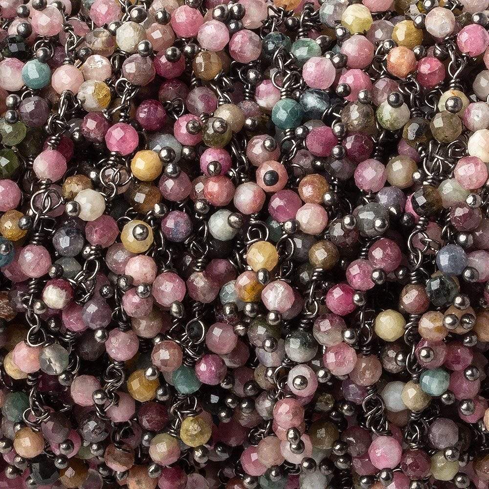  3mm Multi Color Tourmaline micro-faceted round Black Gold Dangling Chain by the foot 