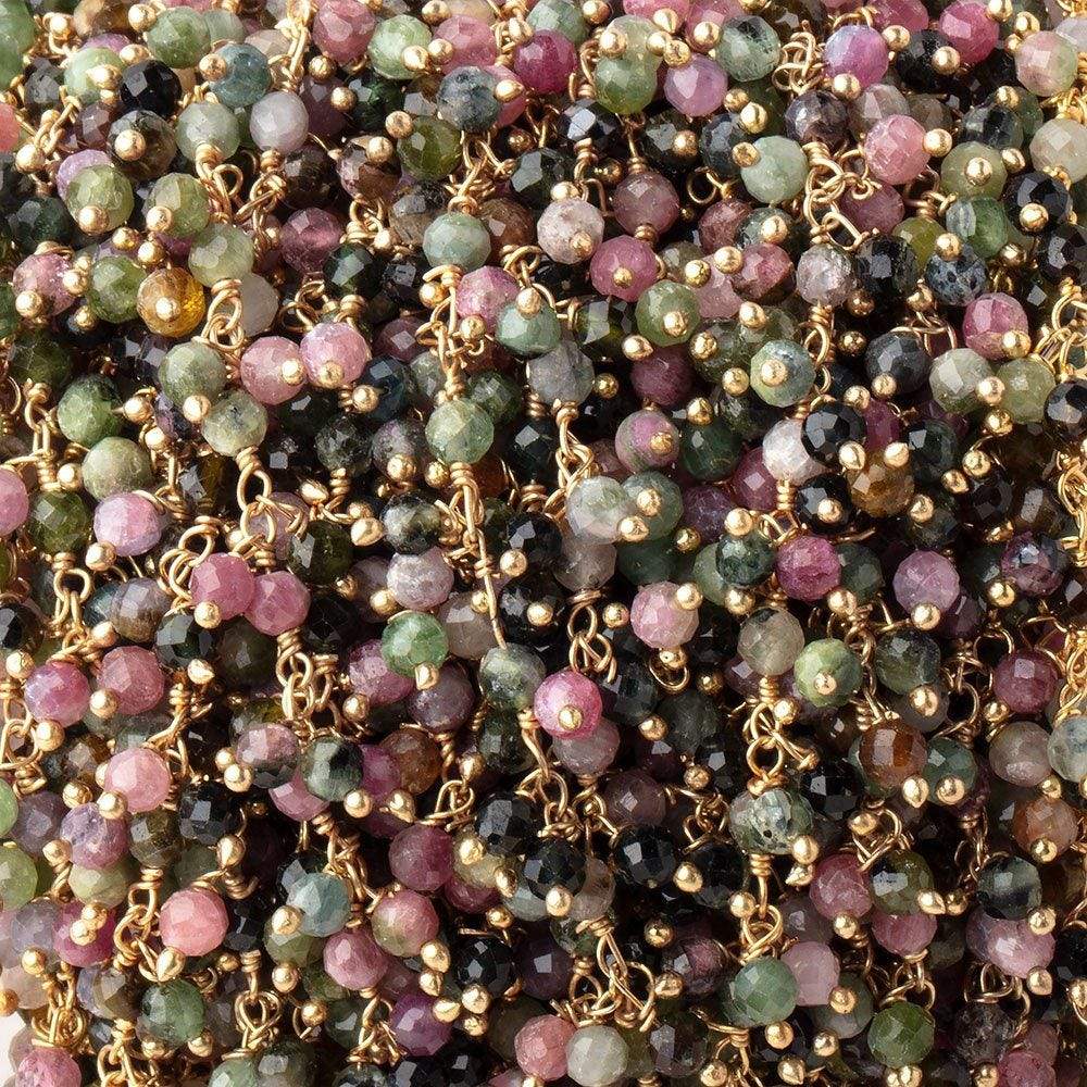  3mm Multi Color Tourmaline micro-faceted round Gold Dangling Chain by the foot 