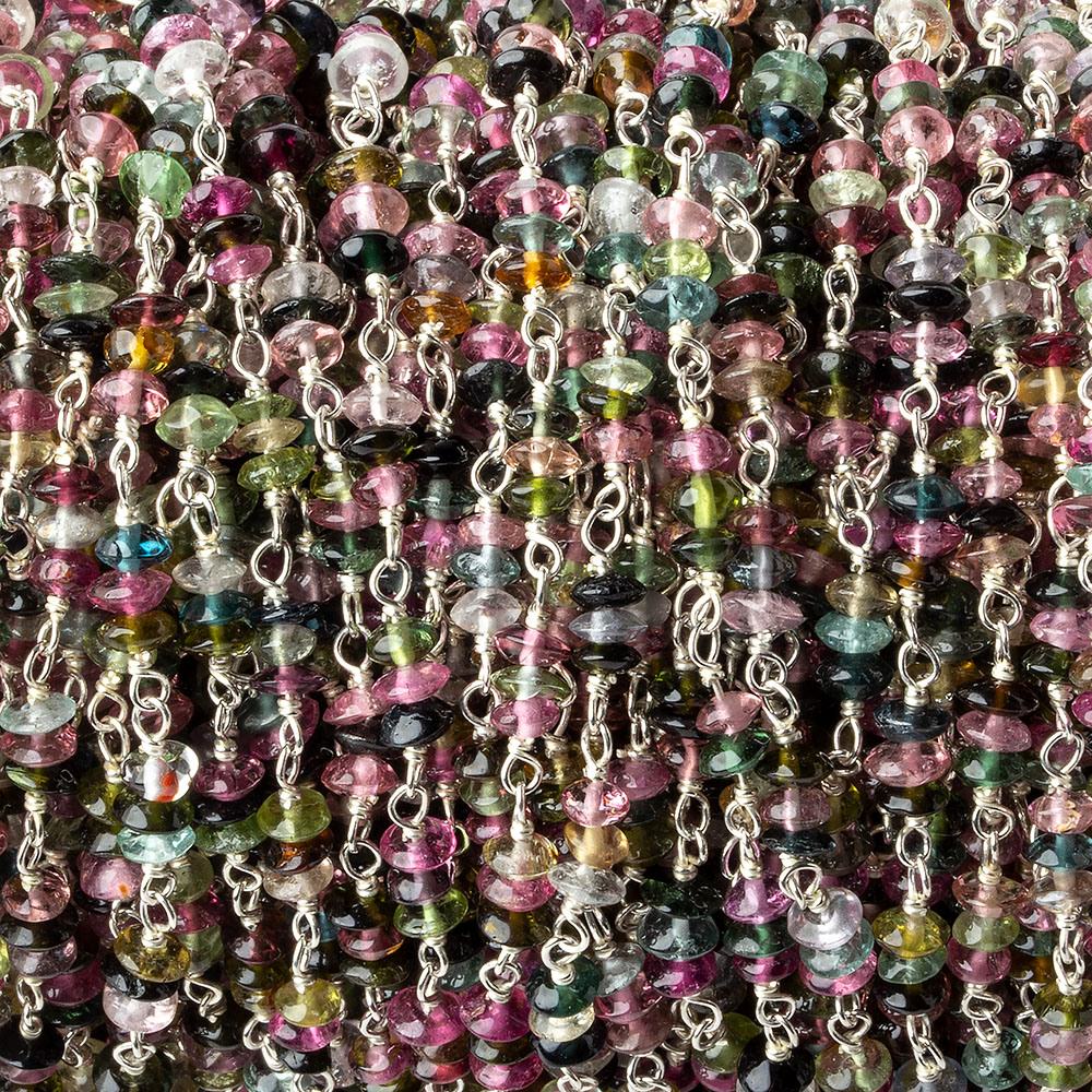  3mm Multi Color Tourmaline Rondelle Trio Silver .925 Chain by the foot 90 beads per 