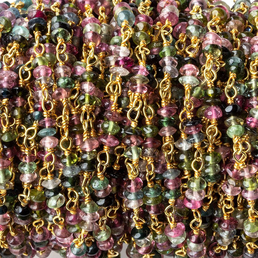  3mm Multi Color Tourmaline Rondelle Trio Vermeil Chain by the foot 90 beads per 