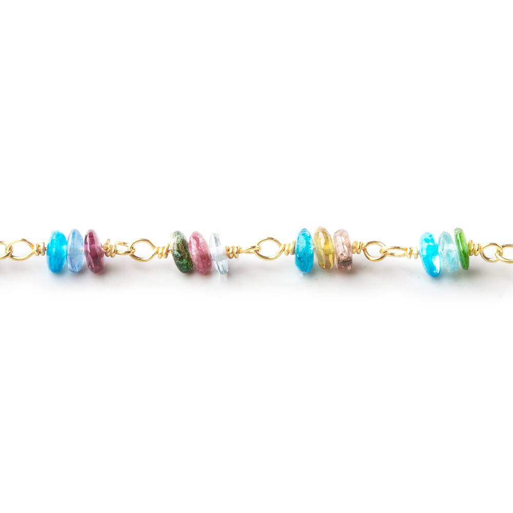  3mm Multi Gemstone plain rondelle clusters Gold Chain by the foot 99 beads 